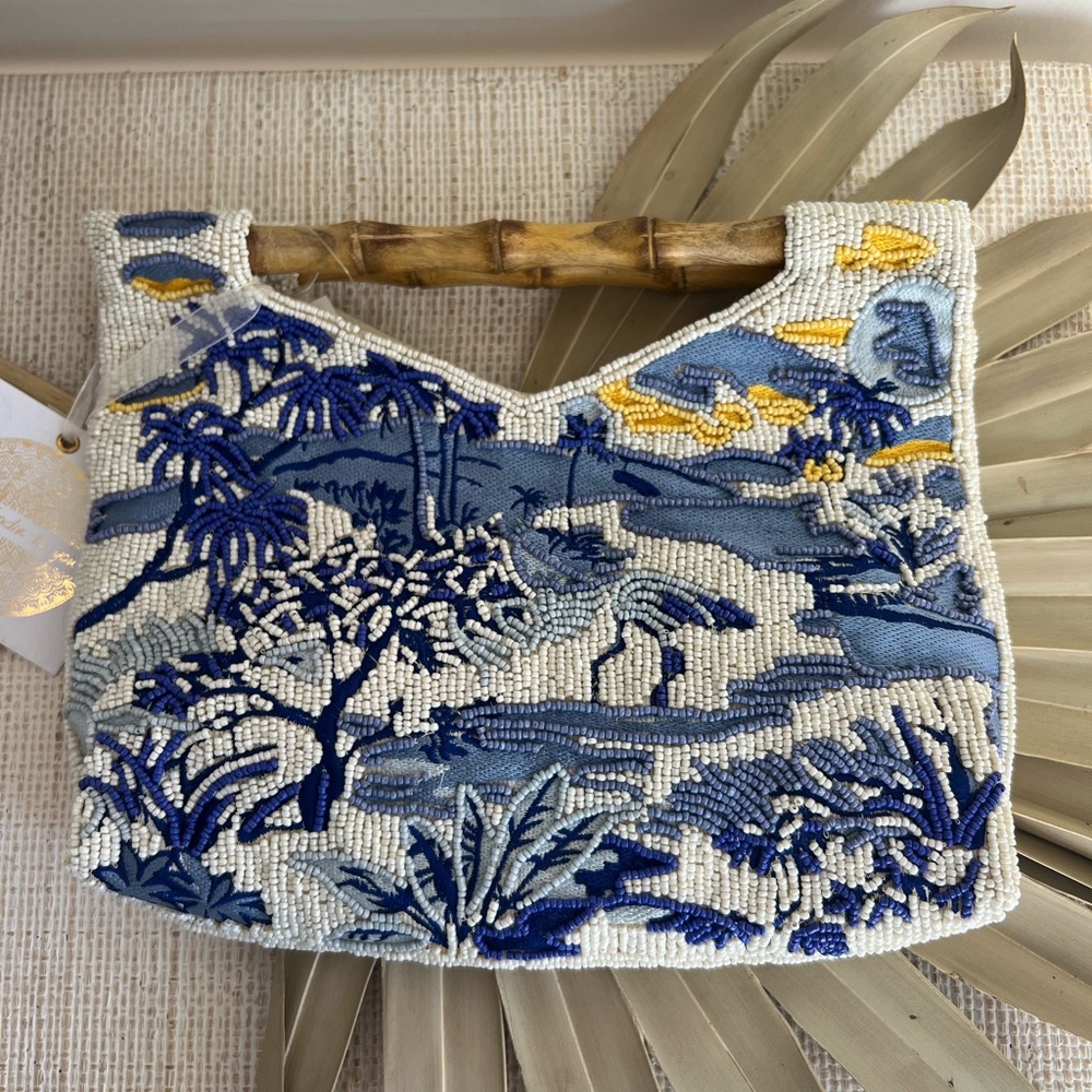 Viral Tropical Beaded and Embroidered Bag w/ Bamboo Handle, NWT, Made In India
